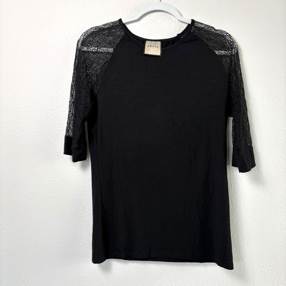 ORTTU Leonardo Top Mens Size M Black Jersey Short Lace Sleeves Sexy Fitted